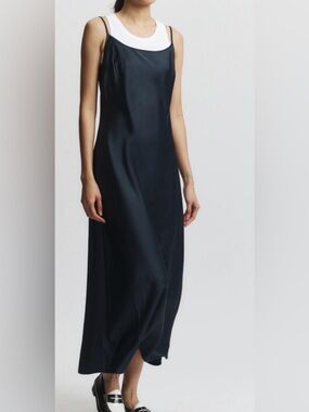 Satin Slip Maxi Dress in Black with White Tank Layer
